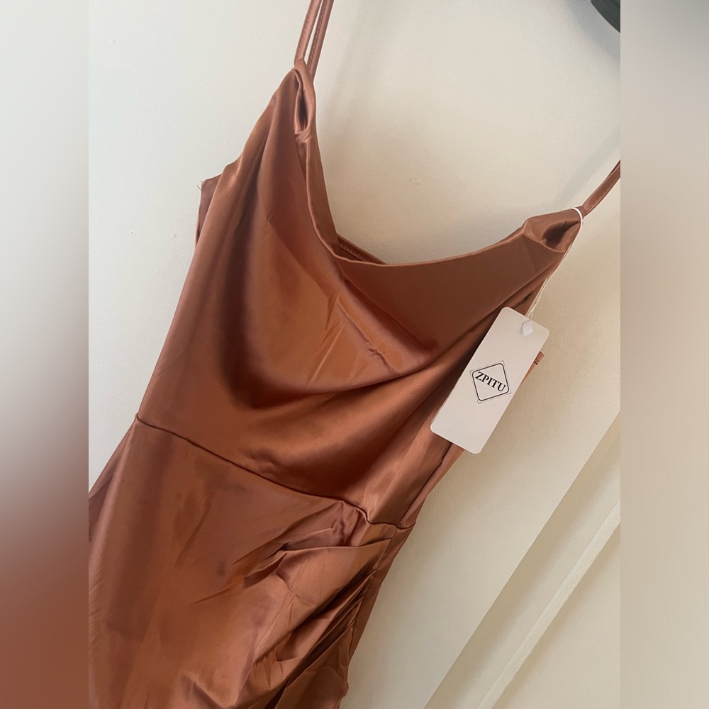 ZPITU satin draped spaghetti strap Small midi with sexy slit, rusty champagne - Picture 3 of 9